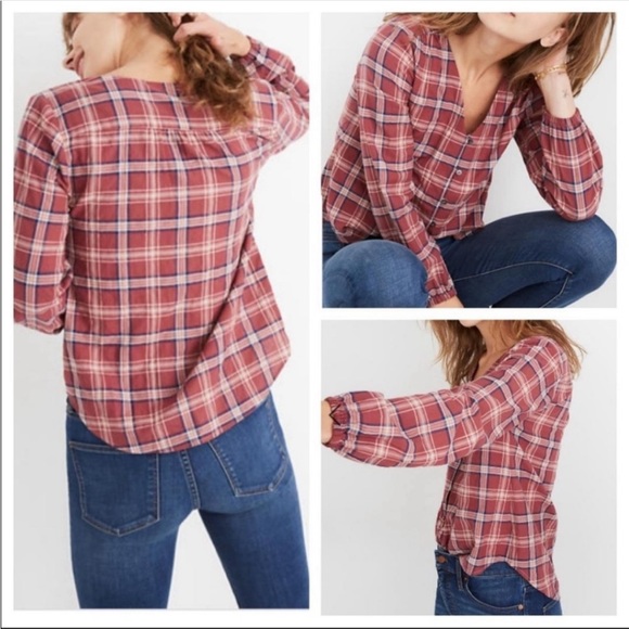 Madewell V-Neck Button Down Shirt I’m Stratfield Plaid - Picture 1 of 14